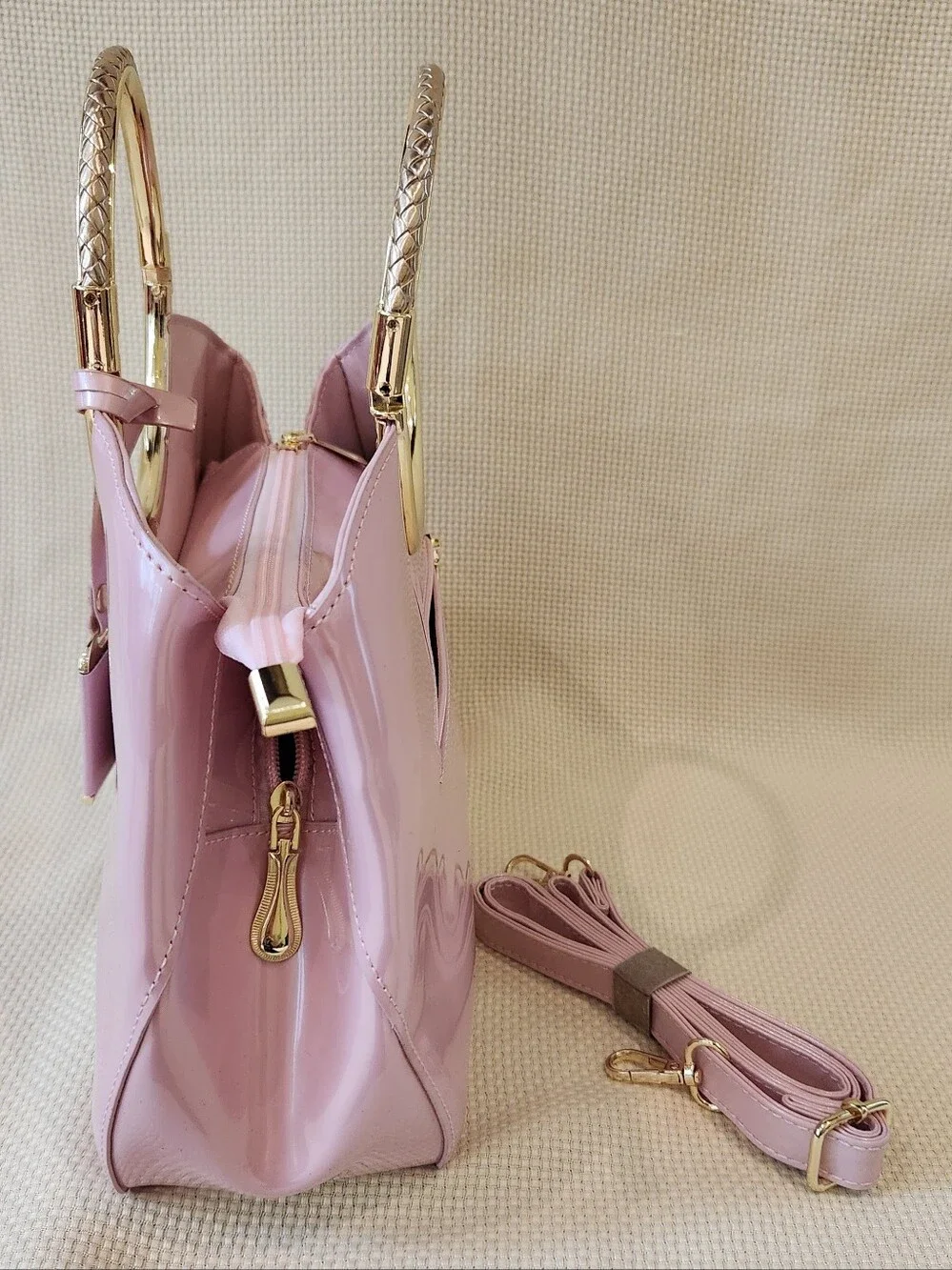 Pink Patent Leather Satchel Gold Ring Top Handle Crossbody Bag Structured Purse - Picture 7 of 16